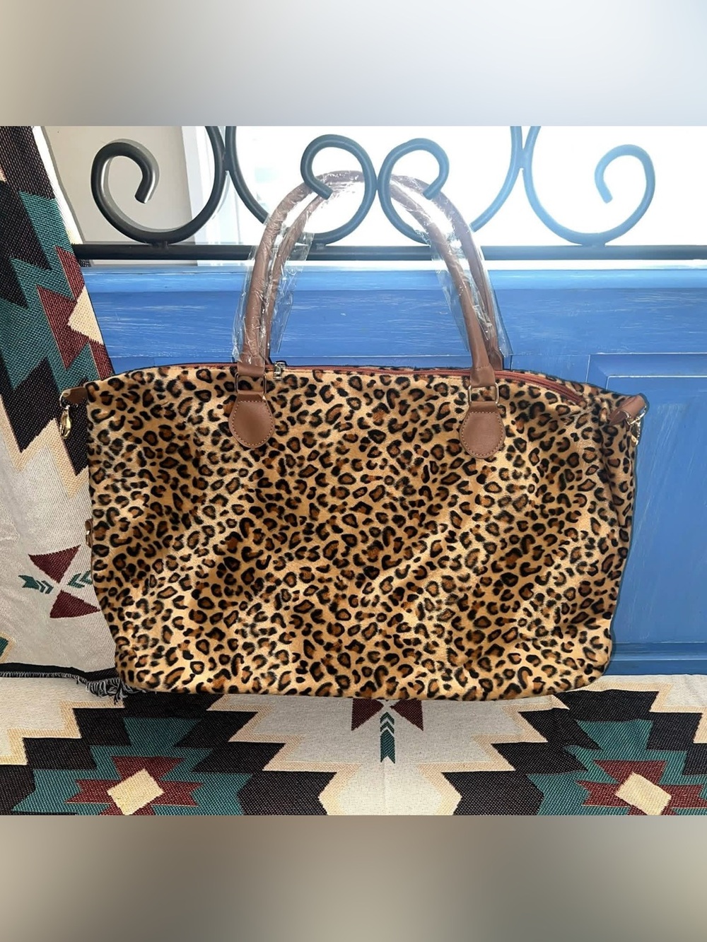 Leopard Print Tote Bag with Brown Handles